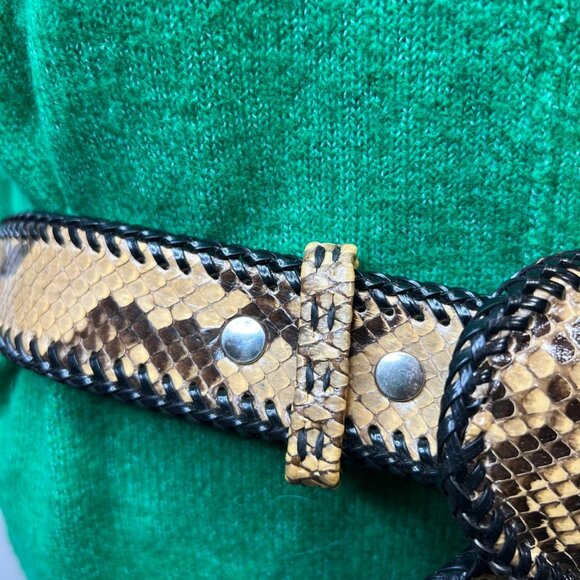 Vintage Snakeskin Belt Wide Exotic Leather Oval Buckle Whipstitch Trim Boho - Picture 4 of 12